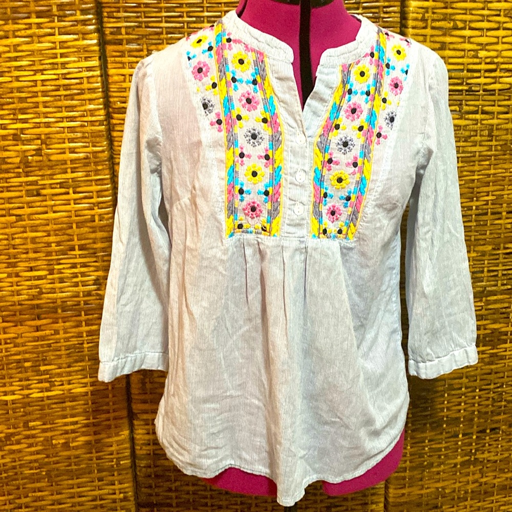 GUC Romeo Juliet Couture Blue white striped Embroidered‎ Tunic Bohemian top S